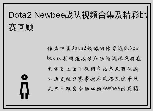 Dota2 Newbee战队视频合集及精彩比赛回顾