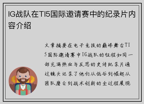 IG战队在TI5国际邀请赛中的纪录片内容介绍