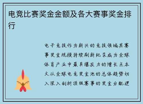 电竞比赛奖金金额及各大赛事奖金排行