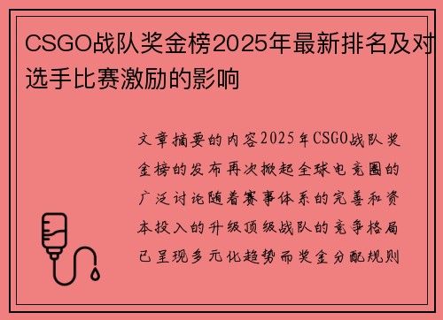 CSGO战队奖金榜2025年最新排名及对选手比赛激励的影响