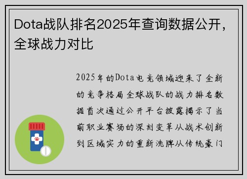 Dota战队排名2025年查询数据公开，全球战力对比